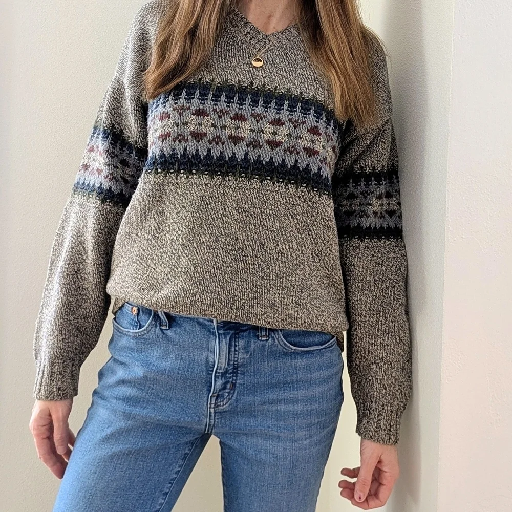 Vintage Abstract Geometric Chunky Patterned V-neck Sweater In Gray